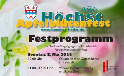 Logo und Programm als Text zum Apfelblütenfest 2022 in Höchst im Odenwald auf einem Fotohintergrund mit Apfelblüte.