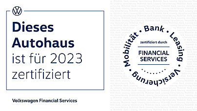 Zertifikat der Volkswagen Financial Services Bank für Leasingverträge in 2023.