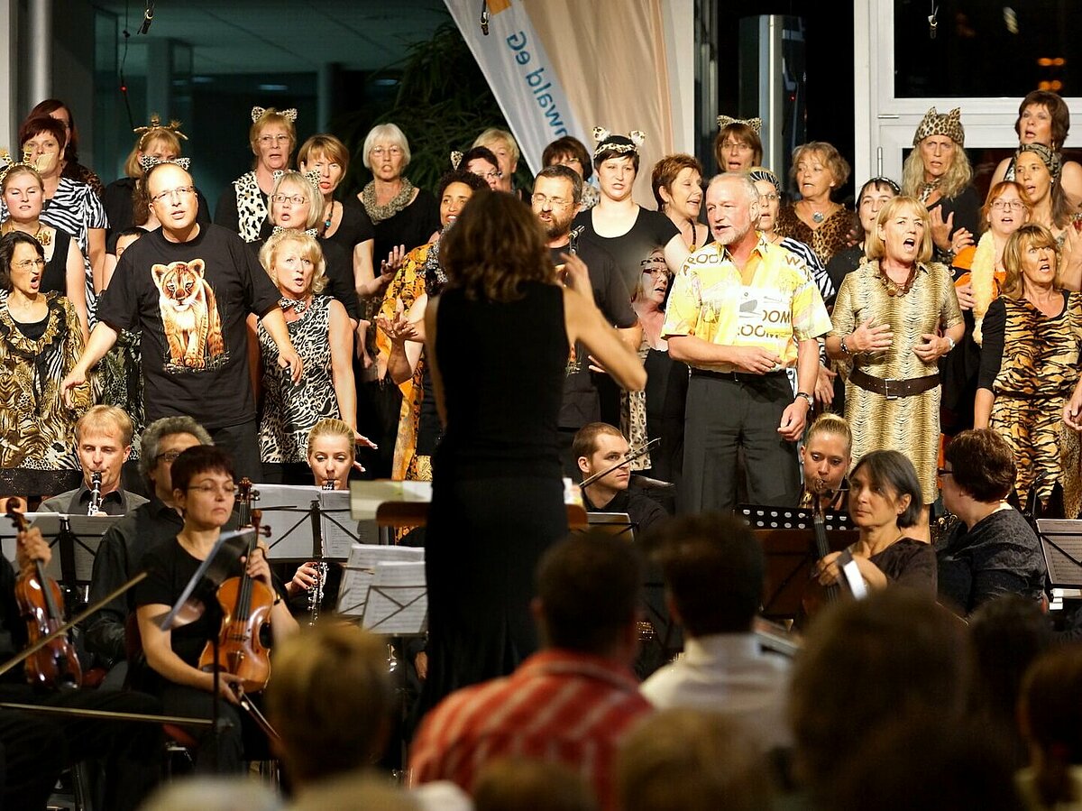 Mit Leo-Print verkleidete Musikgruppe zu Singing Gospels 2015 auf der 4-Takt-Bühne im Autohaus Thierolf.
