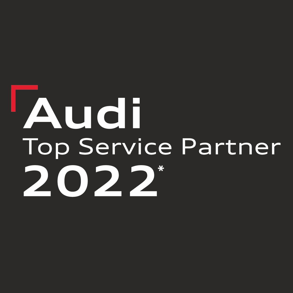 Logo von Audi für die "Audi Top Service Partner 2022" in weißer Schrift auf dunklem Hintergrund.